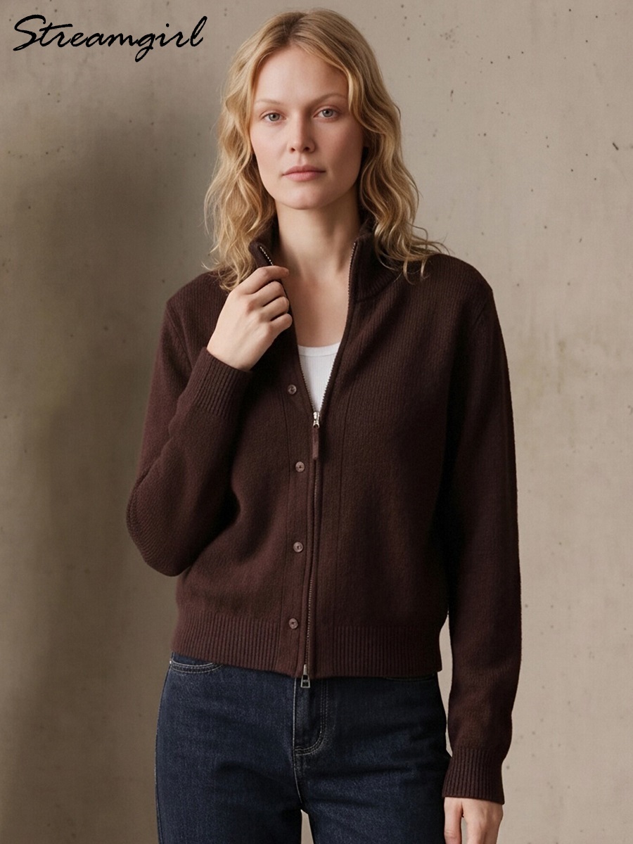 Coat Rack Standing - Women Turtleneck Knit Cardigan Double Zipper